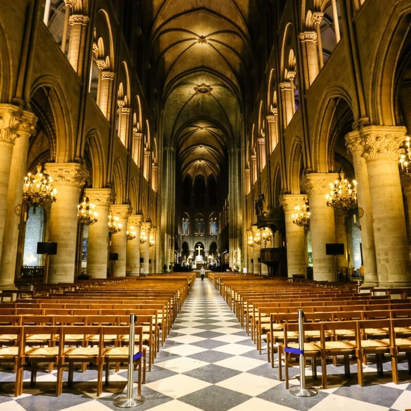 Inside view of Notre Dame Cathedral with no people inside, empty cathedral