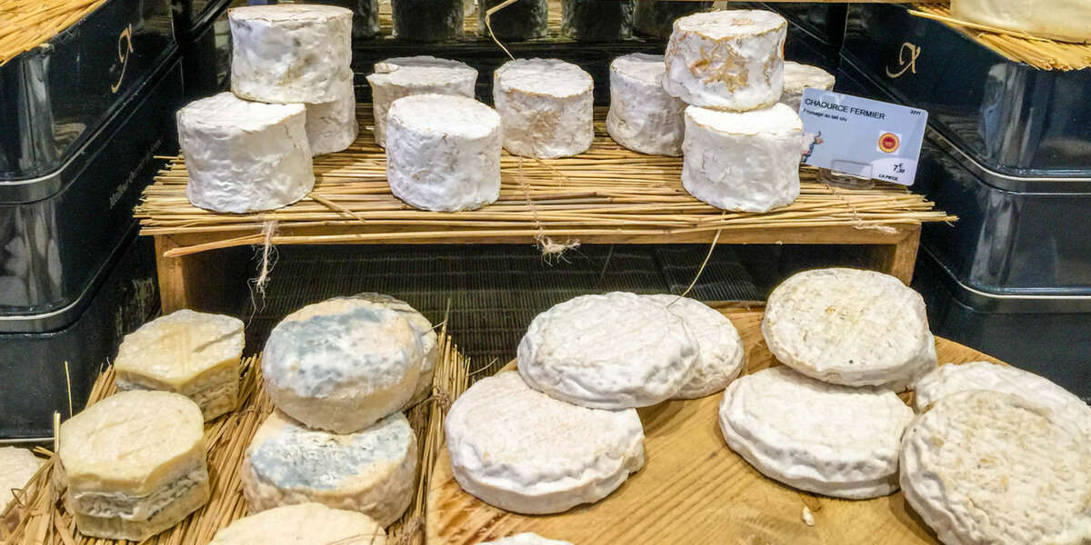 Cheese display at a cheese specialty store in France