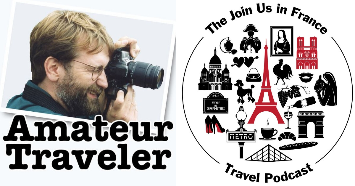 the logo of the Amateur Traveler podcast and the Join Us in France Travel Podcast