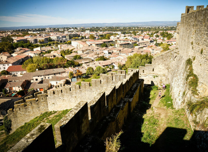 the modern city of carcassonne france seen from the ramparts