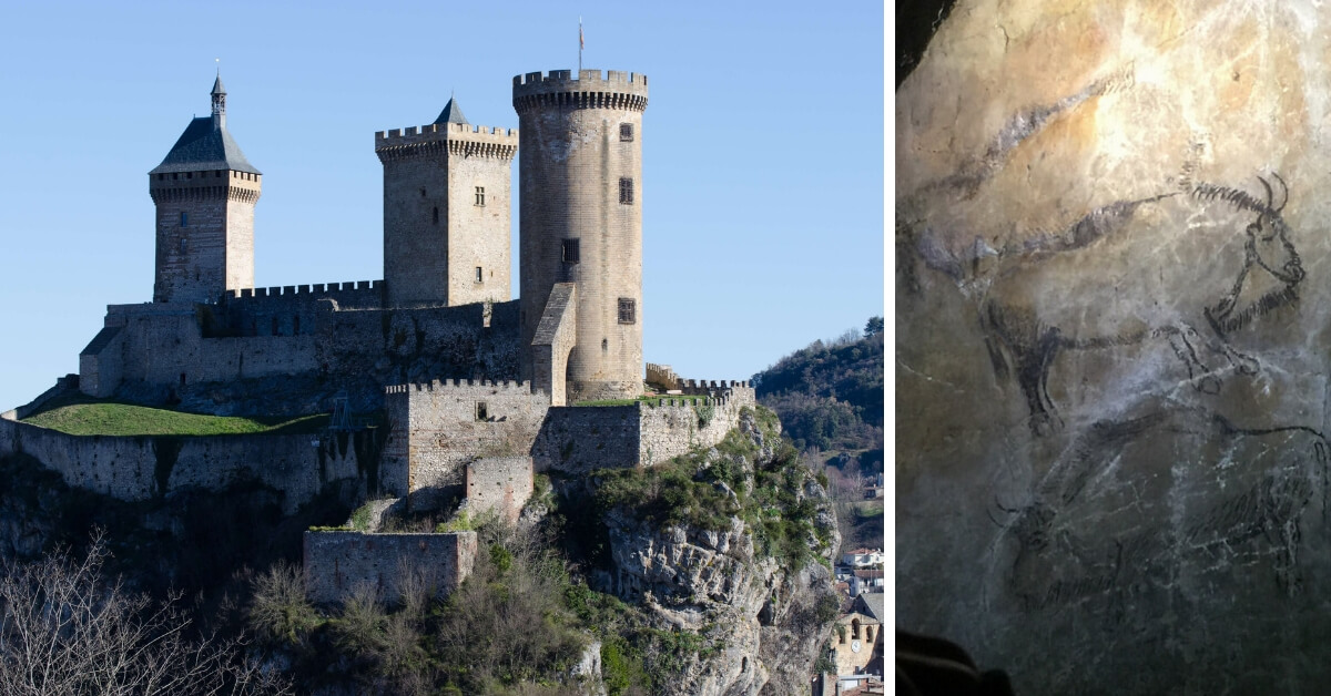 the castle in foix: medieval castle on top of a hill