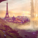 creative montage of the eiffel tower, grand palais, la défense and a dancer in the foreground