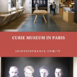 3 people visiting the Curie Museum in Paris and reading the displays and a famous photo of Marie Curie