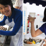 Janice at a cooking class and Janice trying some oysters on the half shell