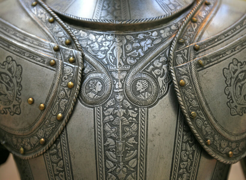 detail of a highly decorated medieval chest protection: battle of agincourt episode