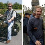 Normandy WW2: Phil sitting on a war-time motorcycle and Phil standing with a veterans who landed in Normandy on D-Day