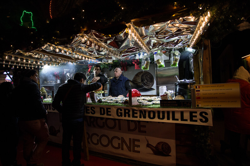 escargots and frog legs vendor at the Paris Christmas Market