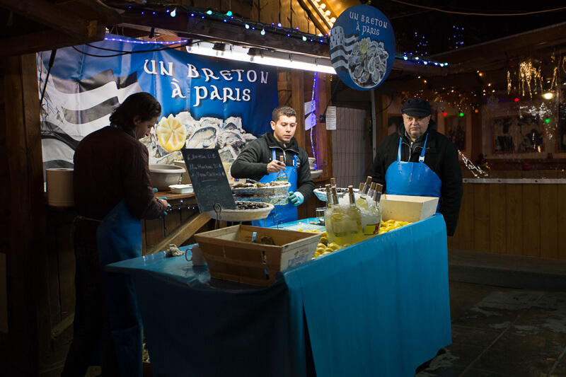 oysters and white wine vendor at the Paris Christmas Market