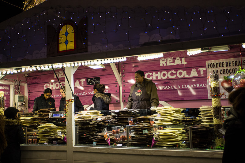 chocolate vendor at the paris christmas market