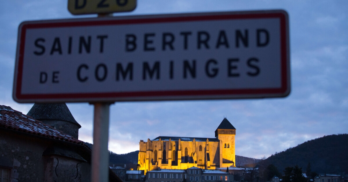the Cathedral at Saint Bertrand de Comminges lit up at night