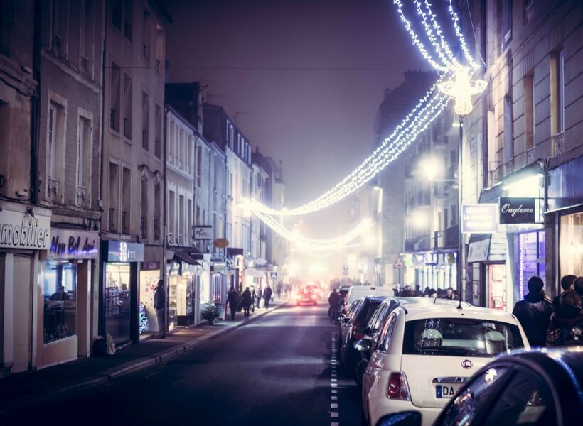 Street in France decorated for Christmas