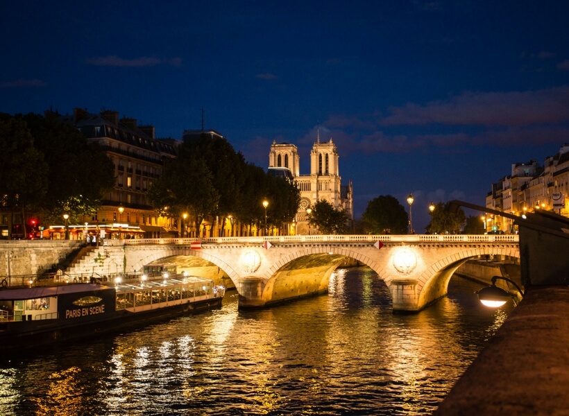 Pont Saint Michel and Notre Dame at night; 10 things to do in paris for first time visitors