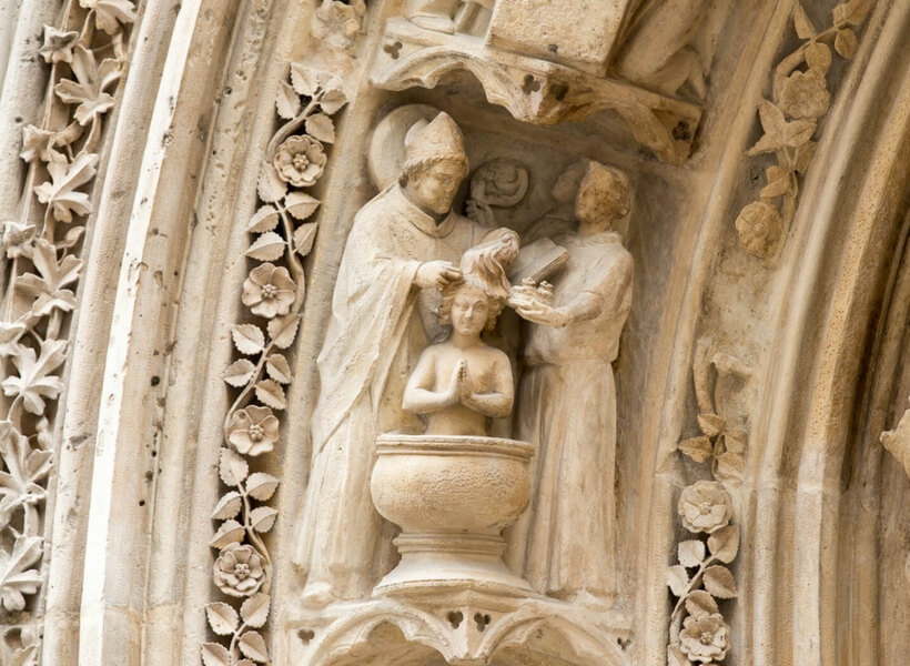 Notre Dame Cathedral Stories show notes; Baptism depicted in stone