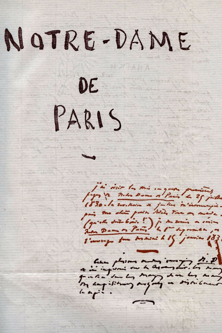 Original hand-written cover page for the novel manuscript by Victor Hugo; the Hunchback of Notre Dame