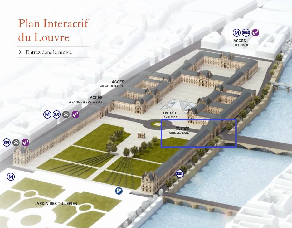 Graphic that shows the layout of the Louvre and where the Porte des Lions Entrance is located; layover in Paris