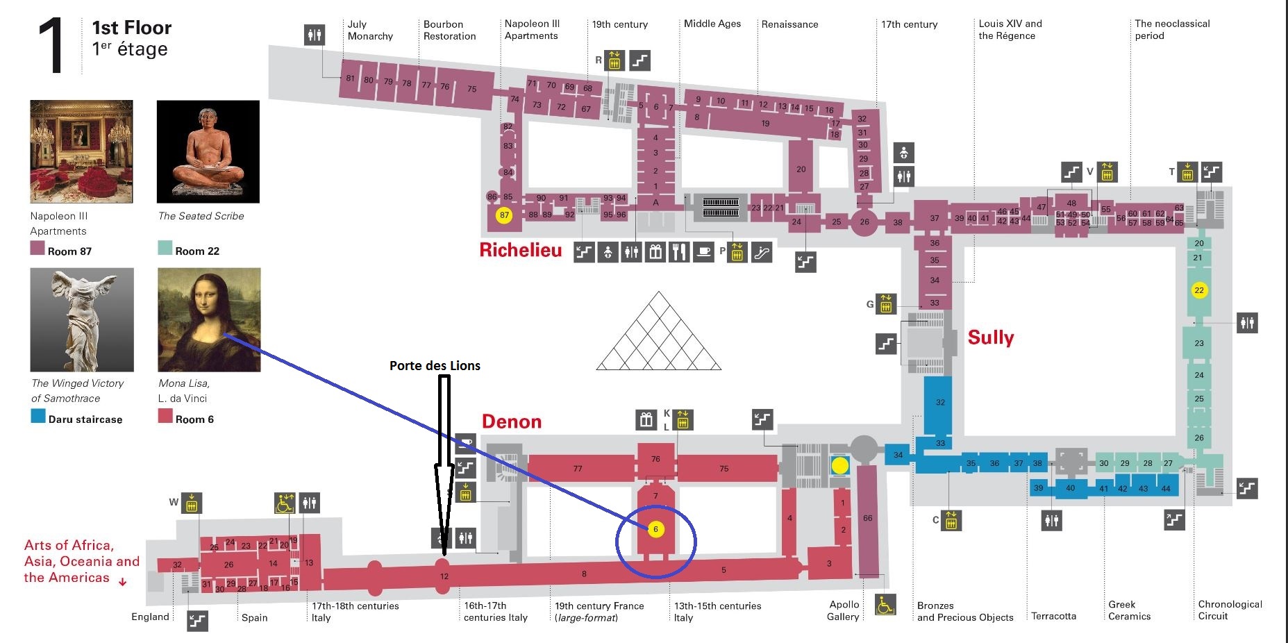 Map that shows how to find the Mona Lisa quickly in the Louvre; layover in Paris