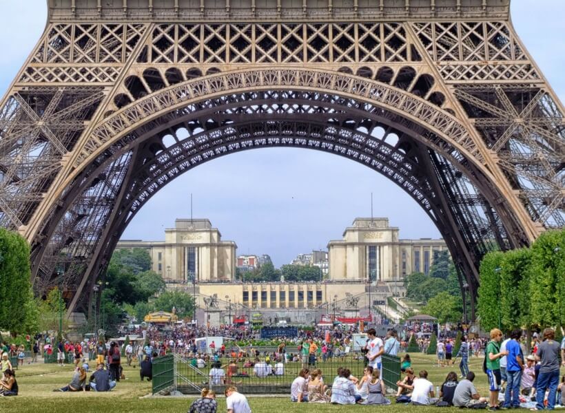 Visiting Paris in August: people hanging out under the eiffel tower on a sunny day