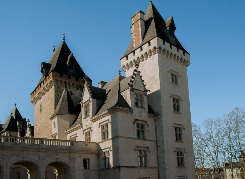 up-close view of the towers of the chateau of pau