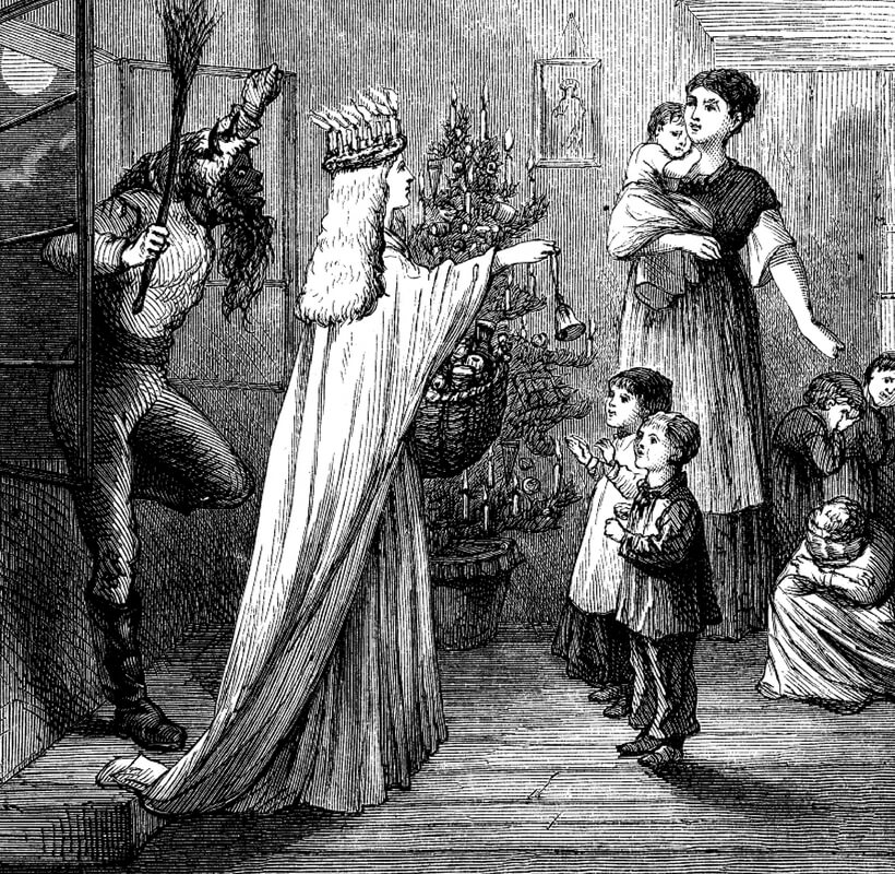 old representation of ChristKindl that shows a young teen giving gifts to children, their mother and and a devil standing behind ChristKindl