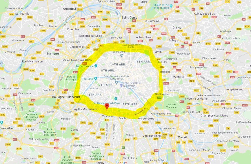 map that shows where the paris ring goes around the city