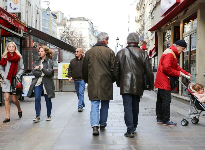 several men and women walking in the streets in Paris, all wearing coats