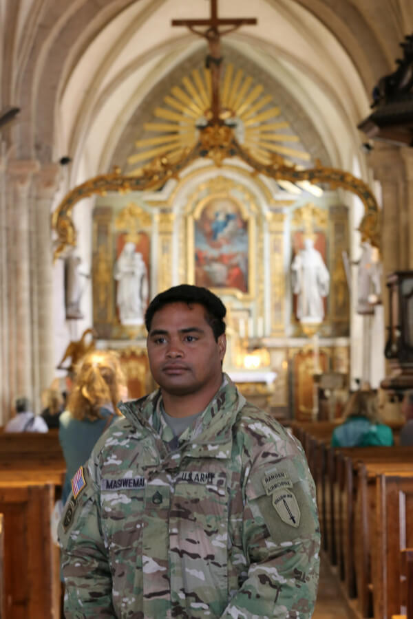 American soldier visiting Sainte-Mère-Église for D-Day 2018