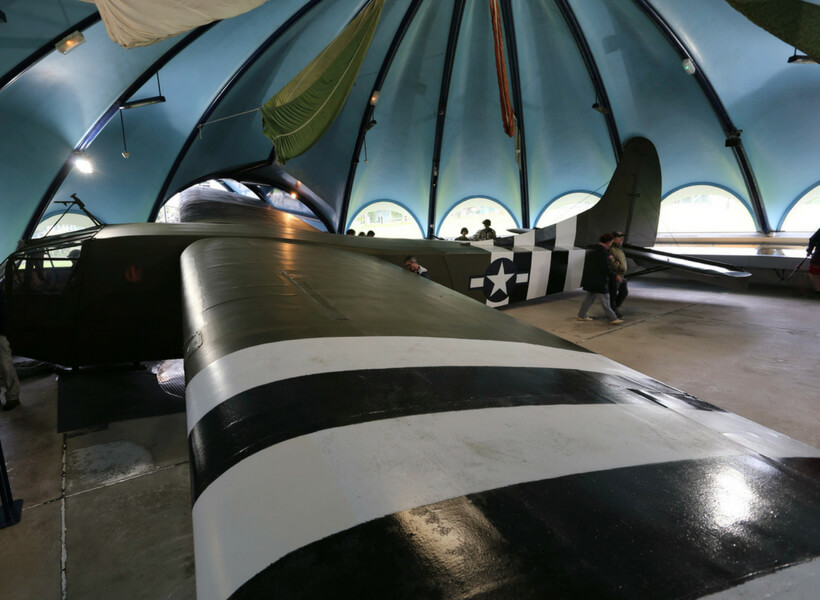 glider inside the Operation Overlord Museum in Sainte-Mère-Église