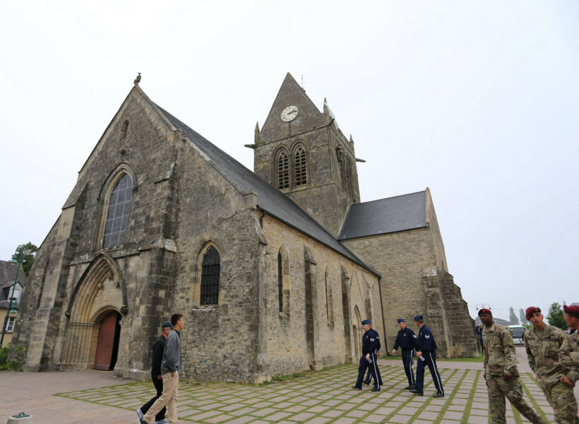 The exterior of the Sainte-Mère-Église church