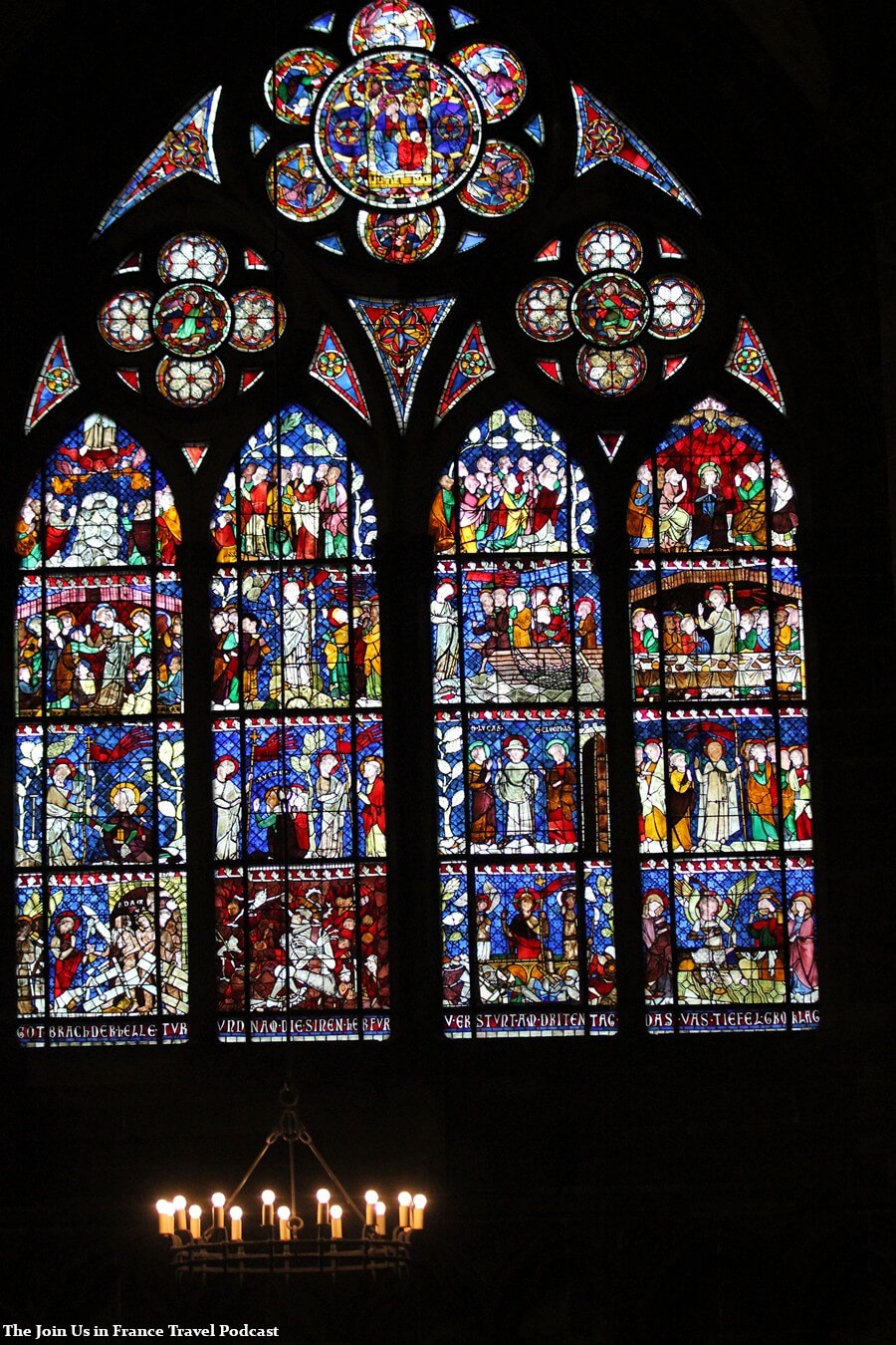 Stained glass window inside of the Strasbourg Cathedral