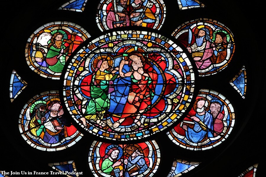 Detail inside of the Strasbourg Cathedral, rose window showing an unidentified biblical scene