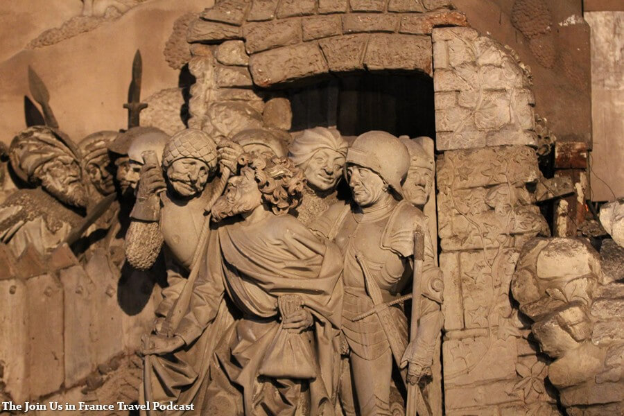 Detail inside of the Strasbourg Cathedral, a scene of medieval war 