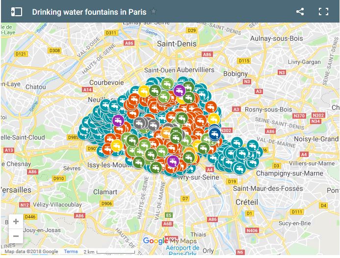 Map of public drinking fountains in Paris