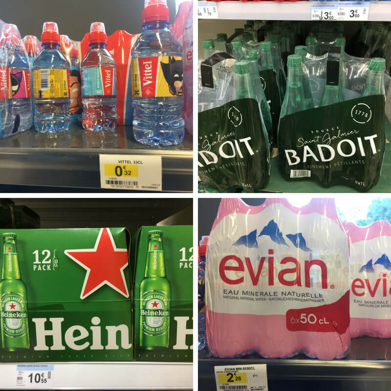 vitel water, badoit water, Heineken beer, evian water