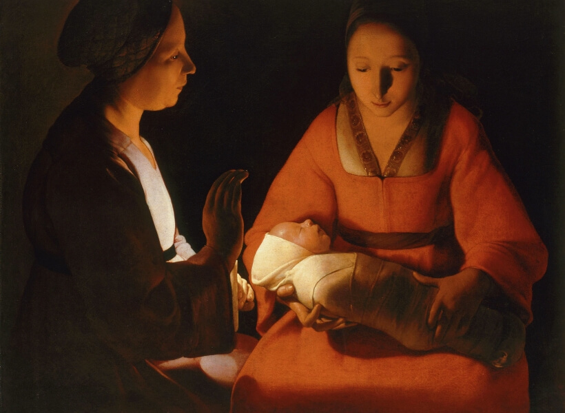 Painting by Georges de la Tour that shows two women surrounding a baby