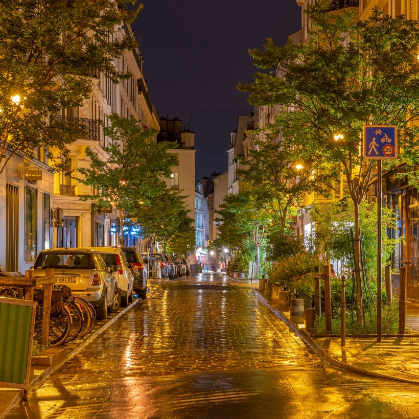 Deserted Paris street at night with cars and trees and wet pavement. 4 days in Paris episode.