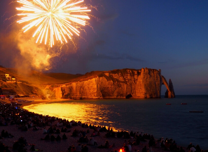 July 13th fireworks over the cliffs of Etretat in Normandy