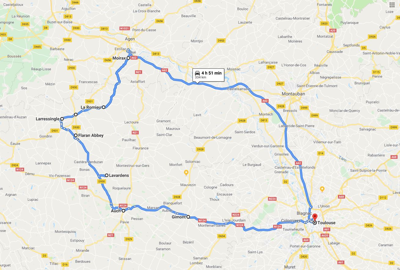 map of all the towns we discussed in the day trip from Toulouse to the Gers episode: