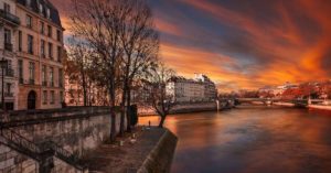 The banks of the Seine river at sunset
