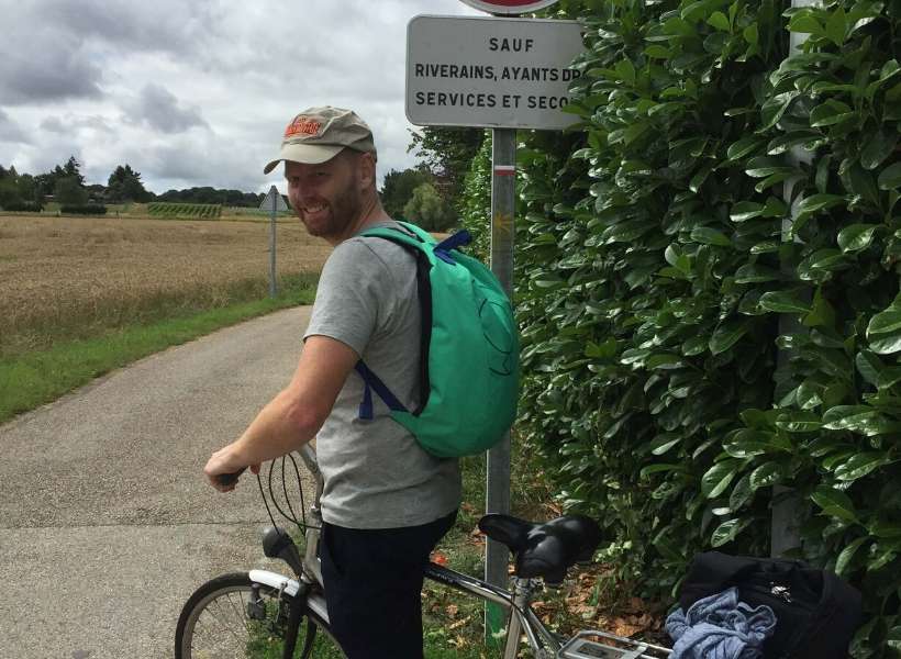 Joanne's husband on his bicycle