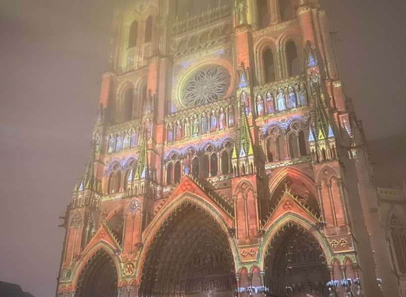 the lighshow projected on the Cathedral of Amiens