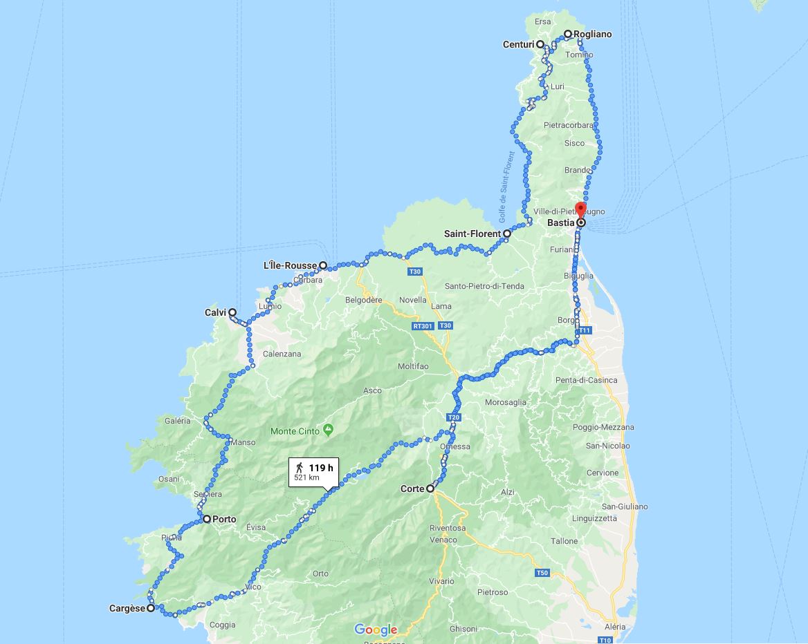 Map that shows where Micheal went on his trip to Corsica