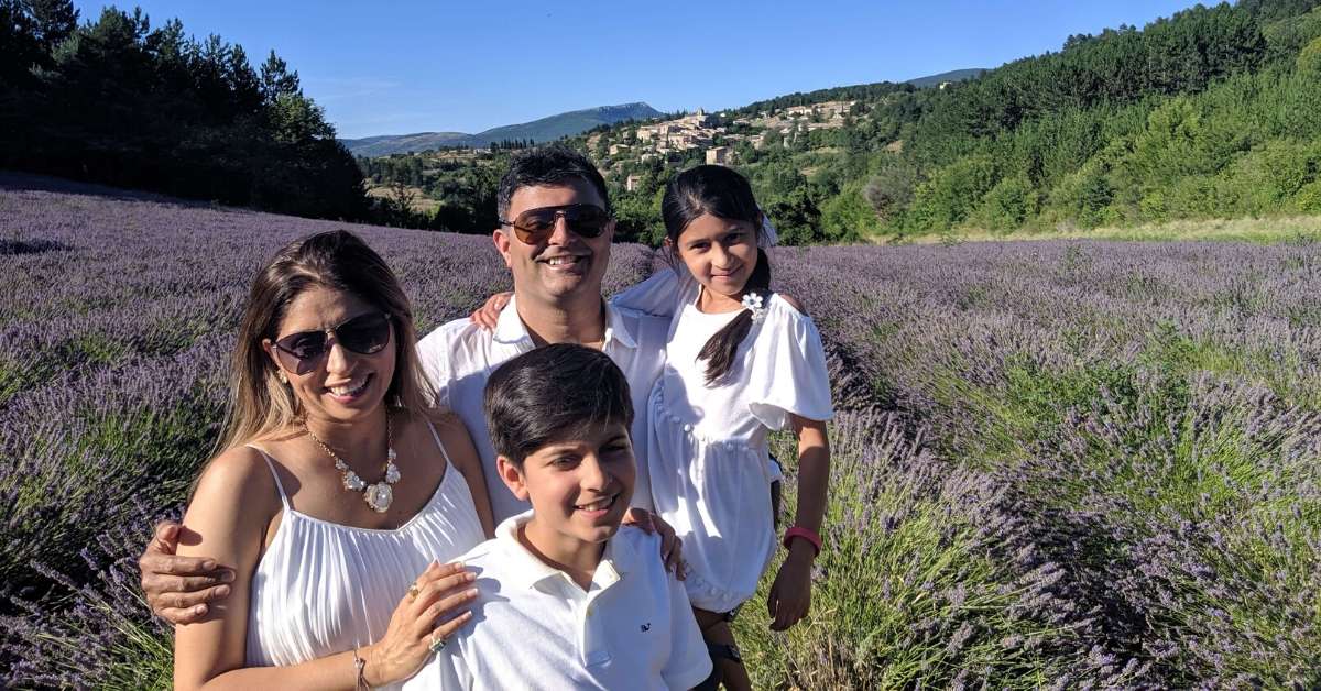 Seeonie and her family in front of a lavender field: Family Vacation in Provence and the French Alps