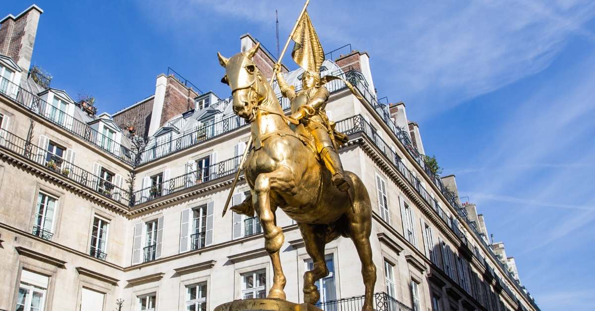 Golden statue of Joan of Arc on a horse: Searching for Joan of Arc in rural France episode