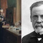 Louis Pasteur looking at a sample and portrait