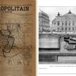 An old map of the Paris metro and an image of the opera Garnier with the metro running underneath: Inauguration of the Paris metro