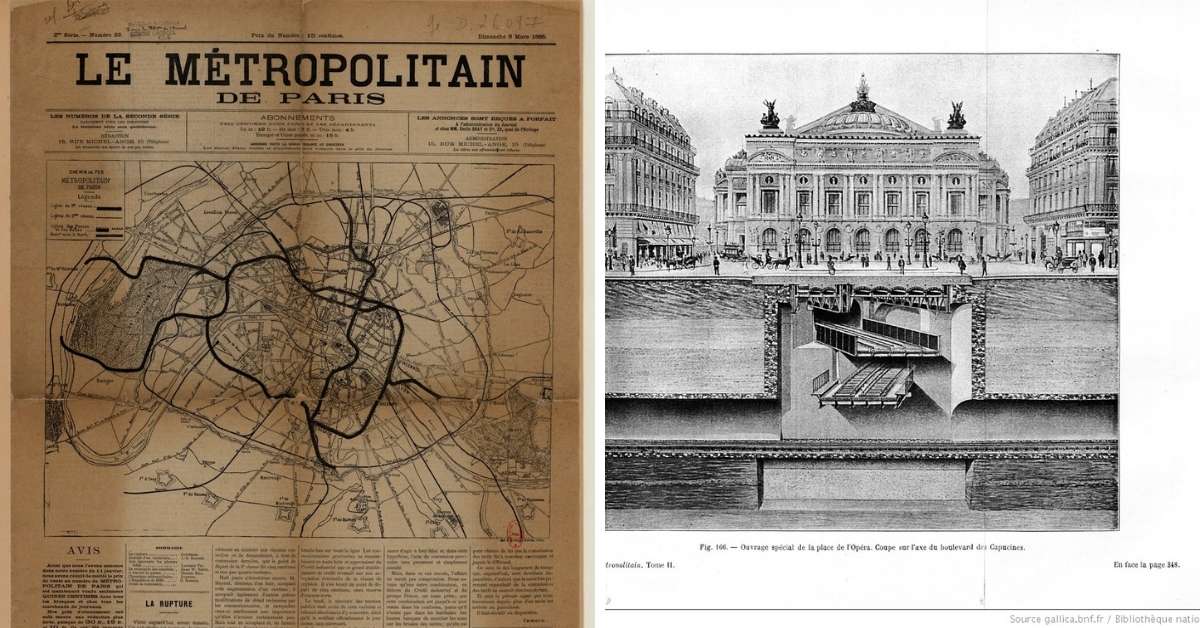 An old map of the Paris metro and an image of the opera Garnier with the metro running underneath: Inauguration of the Paris metro