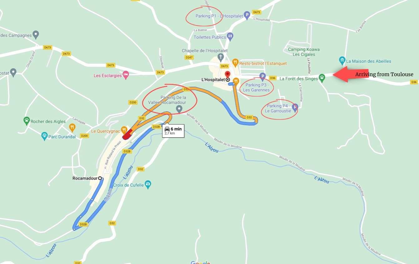 A map of places to park near Rocamadour