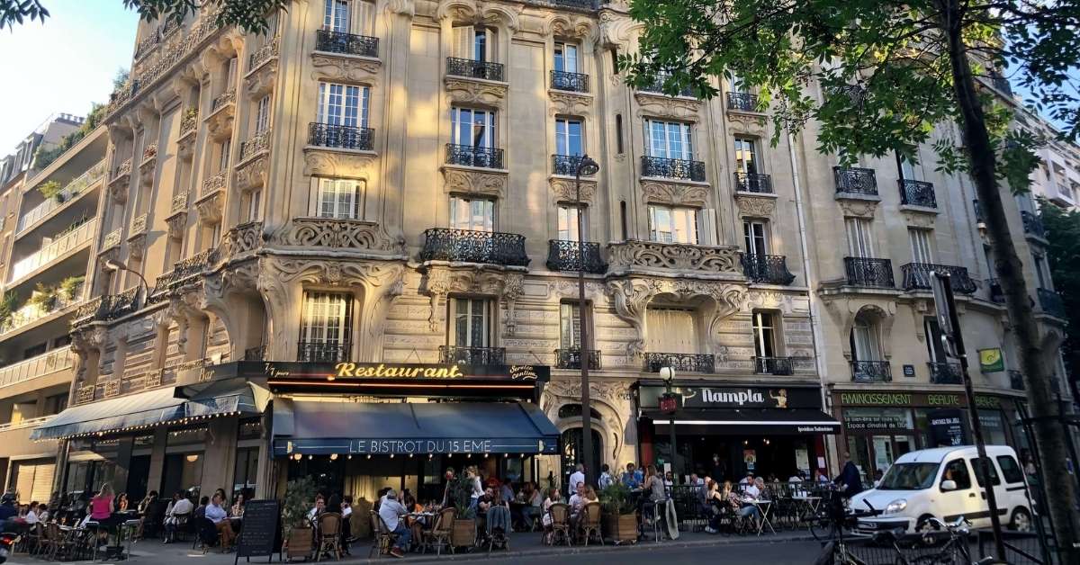 A building and cafés in the 15th arrondissement: new normal in Paris in 2021