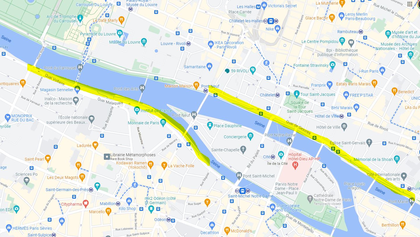 Map of where you can find Bouquinistes in Paris: they are art vendors along the Seine river in Paris
