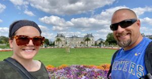 Heidi and her husband at the Luxembourg Garden: a month in France on a budget